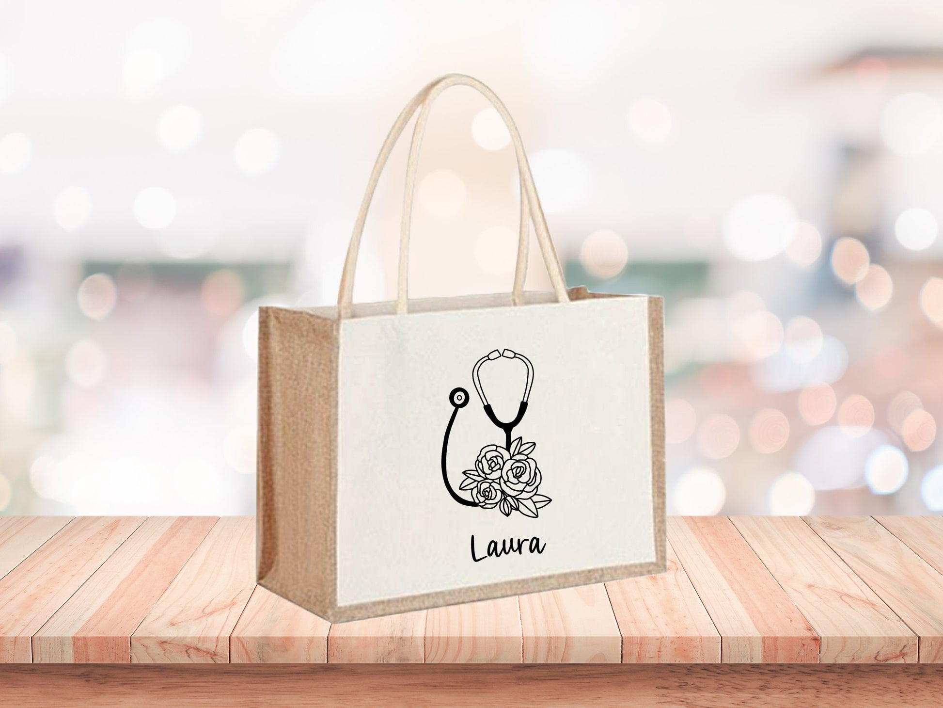 Flowery Stethoscope Jute Bag | Shopping Bag | Personalised | Medical Gift | Nurse | Doctor | Vet | Graduation