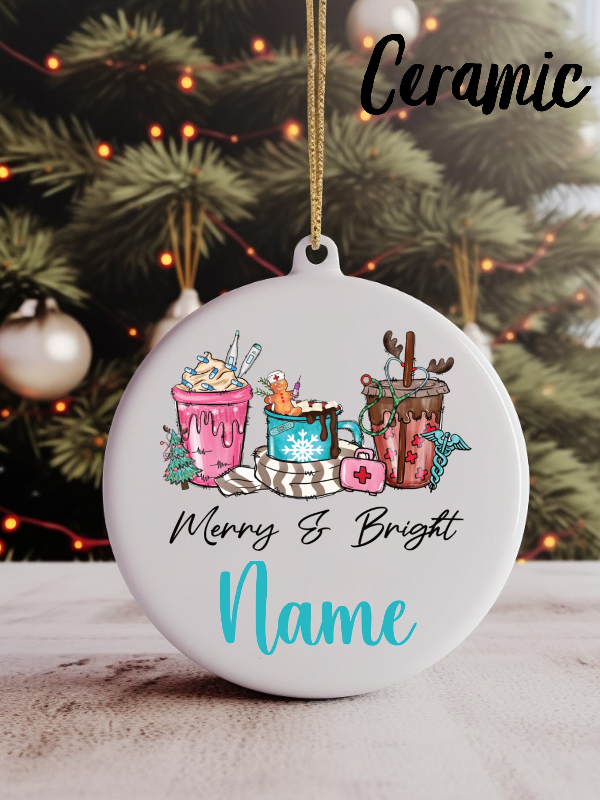 Merry and Bright Coffee Christmas Ornament | Wood | Ceramic