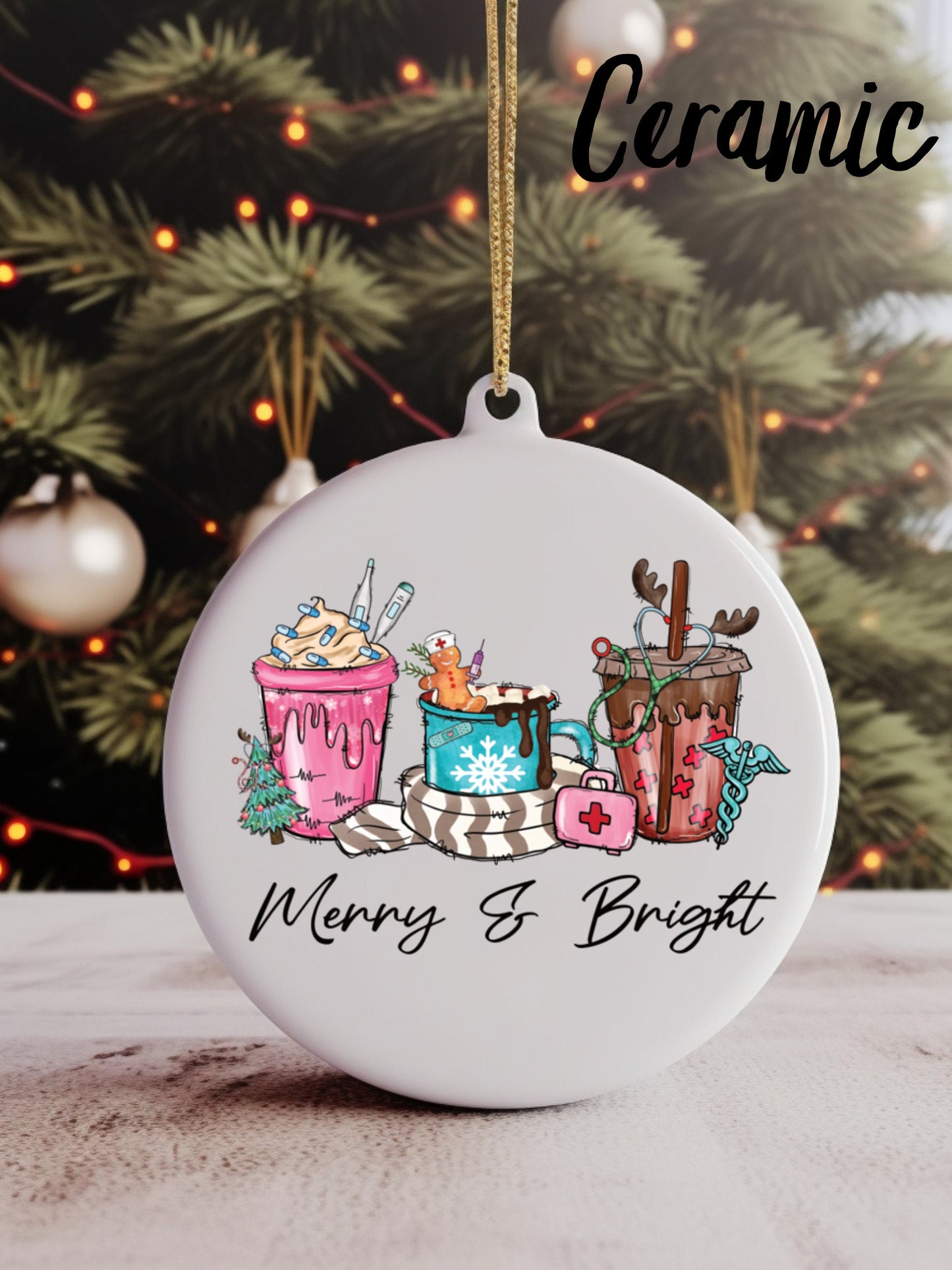 Merry and Bright Coffee Christmas Ornament | Wood | Ceramic