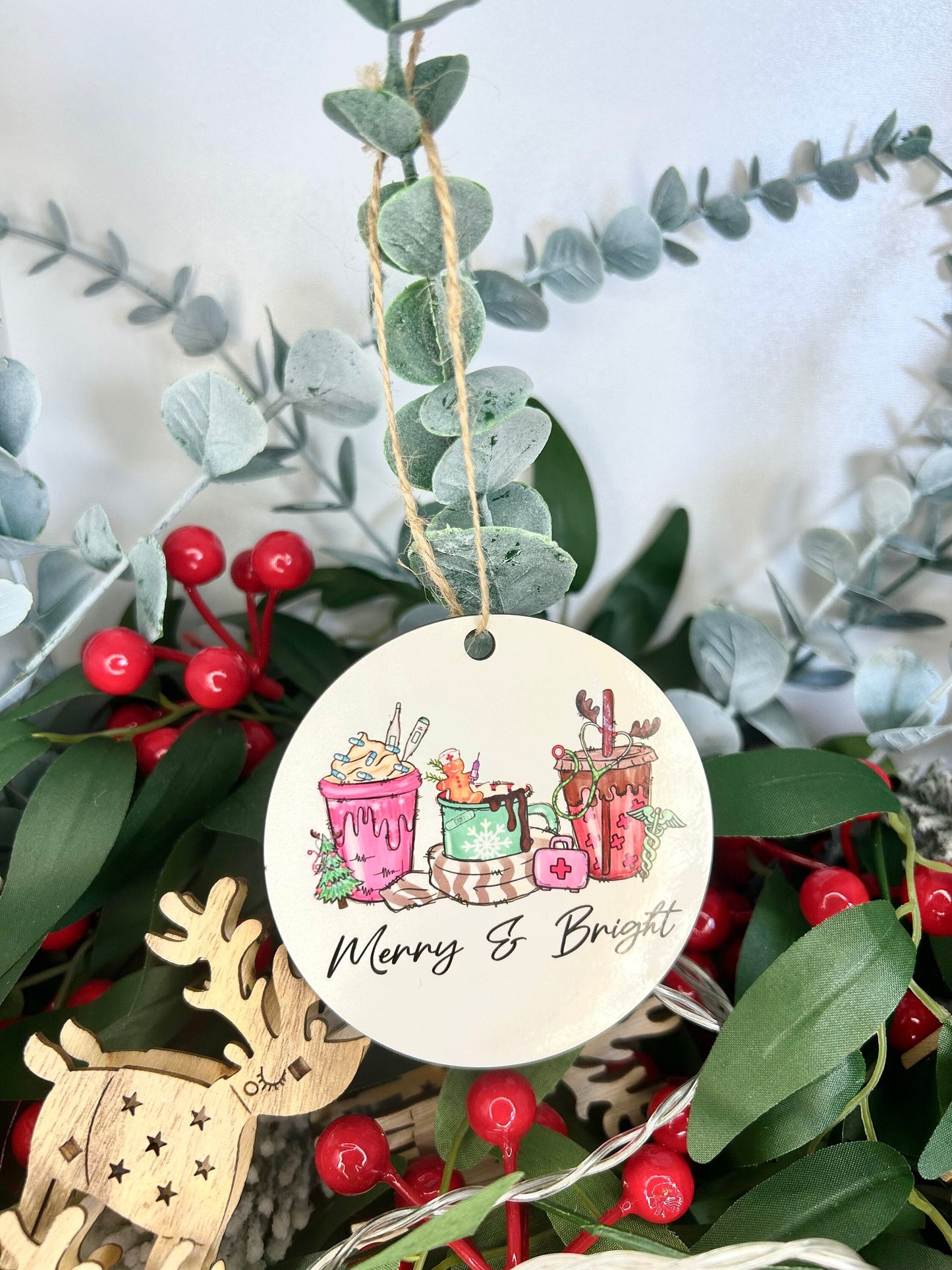 Merry and Bright Coffee Christmas Ornament | Wood | Ceramic