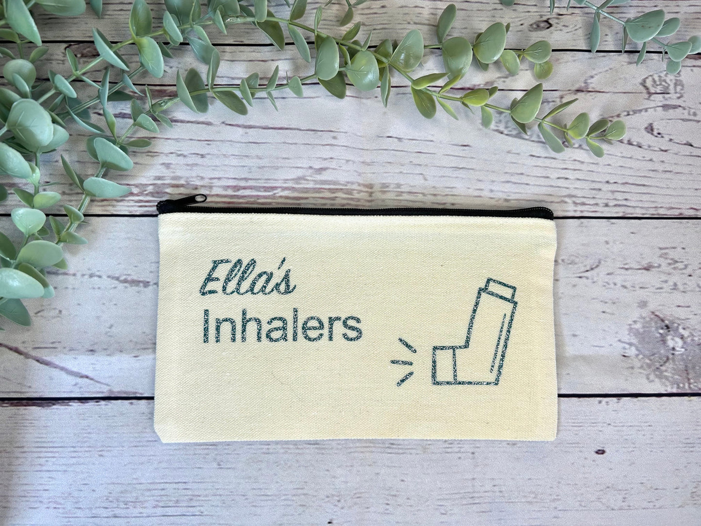 Personalised Cotton Canvas Inhaler Bag | Glitter Vinyl | Cotton | Inhaler Pouch | Medication Bag