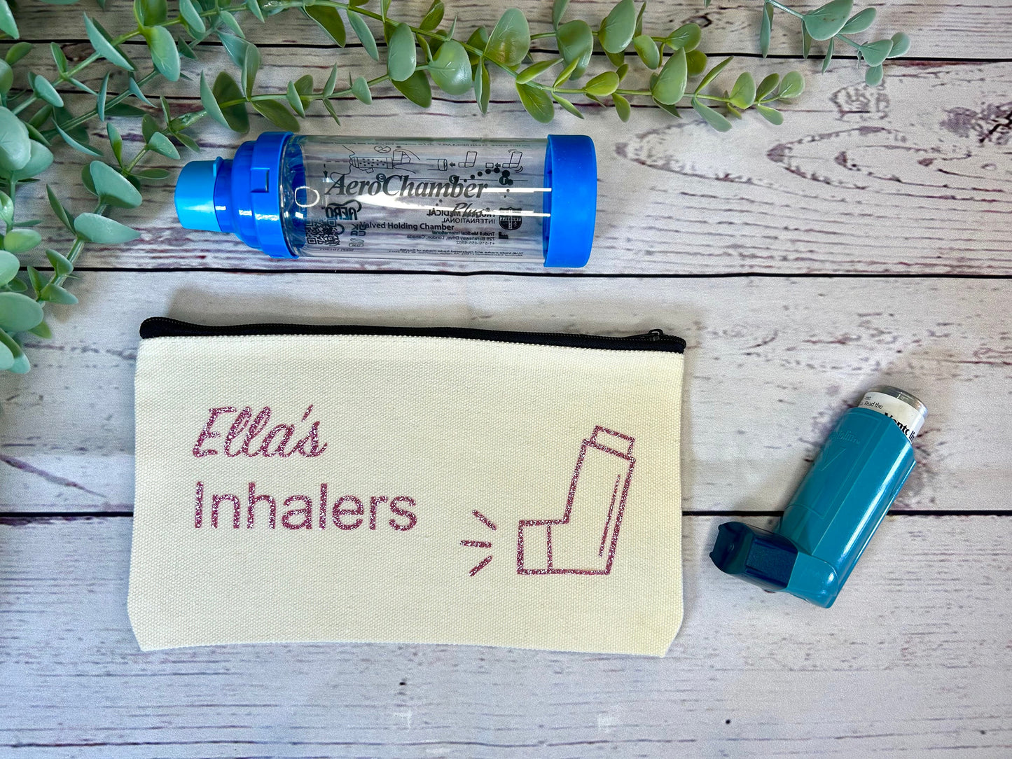 Personalised Cotton Canvas Inhaler Bag | Glitter Vinyl | Cotton | Inhaler Pouch | Medication Bag