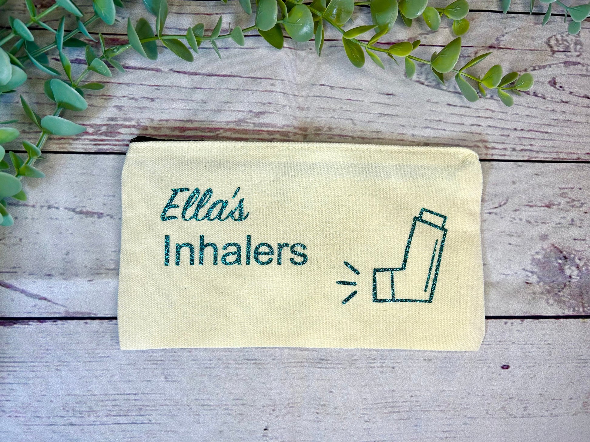 Personalised Cotton Canvas Inhaler Bag | Glitter Vinyl | Cotton | Inhaler Pouch | Medication Bag